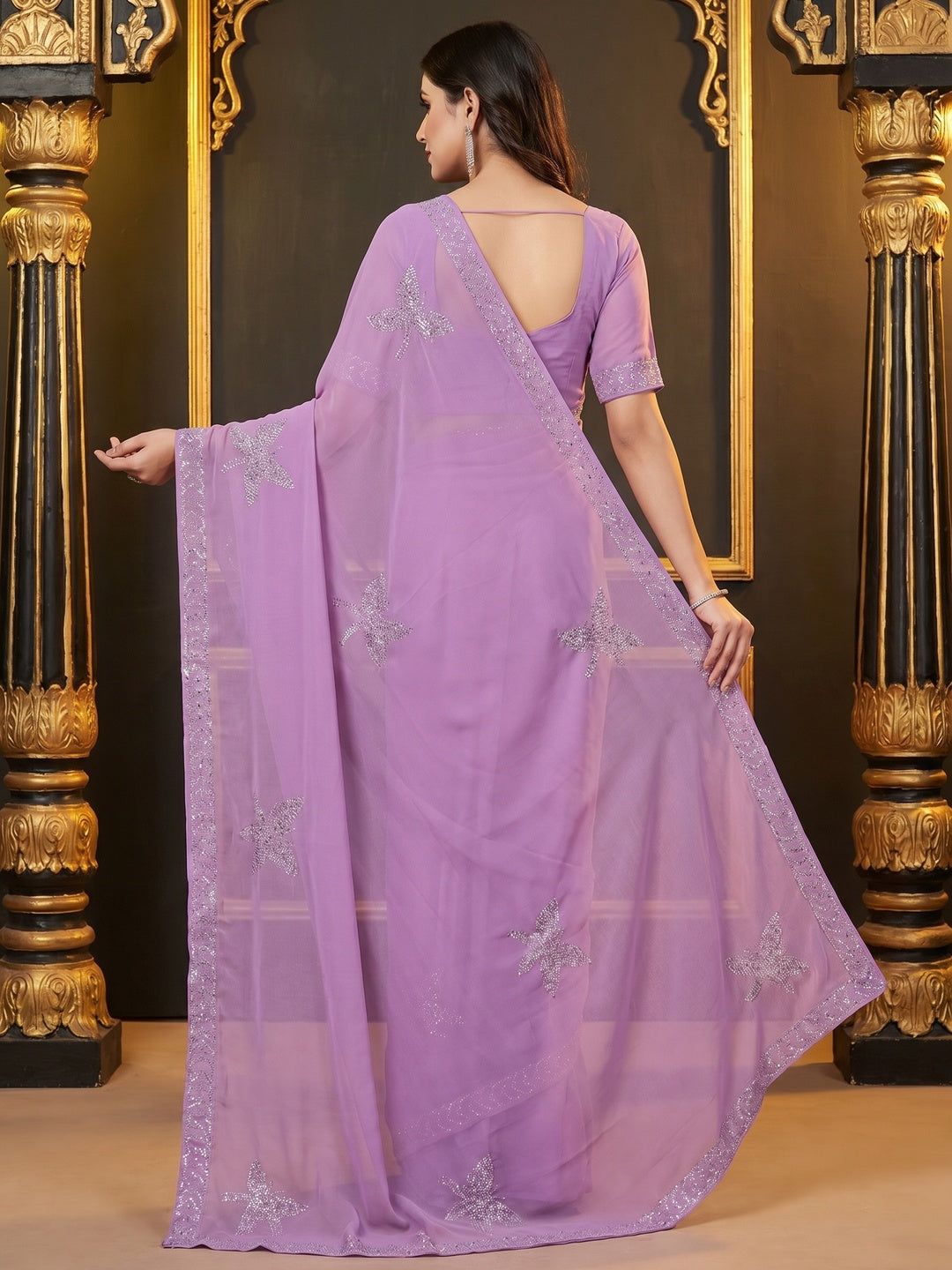 Lavender Floral Swarovski Work Georgette Saree - Image 3