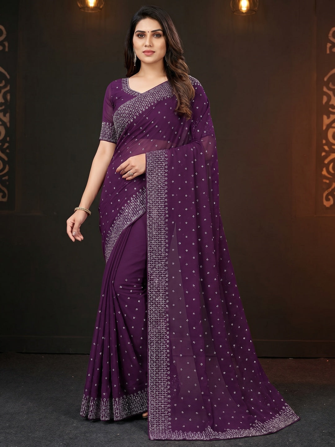 Purple Floral Swarovski Work Georgette Saree - Image 1