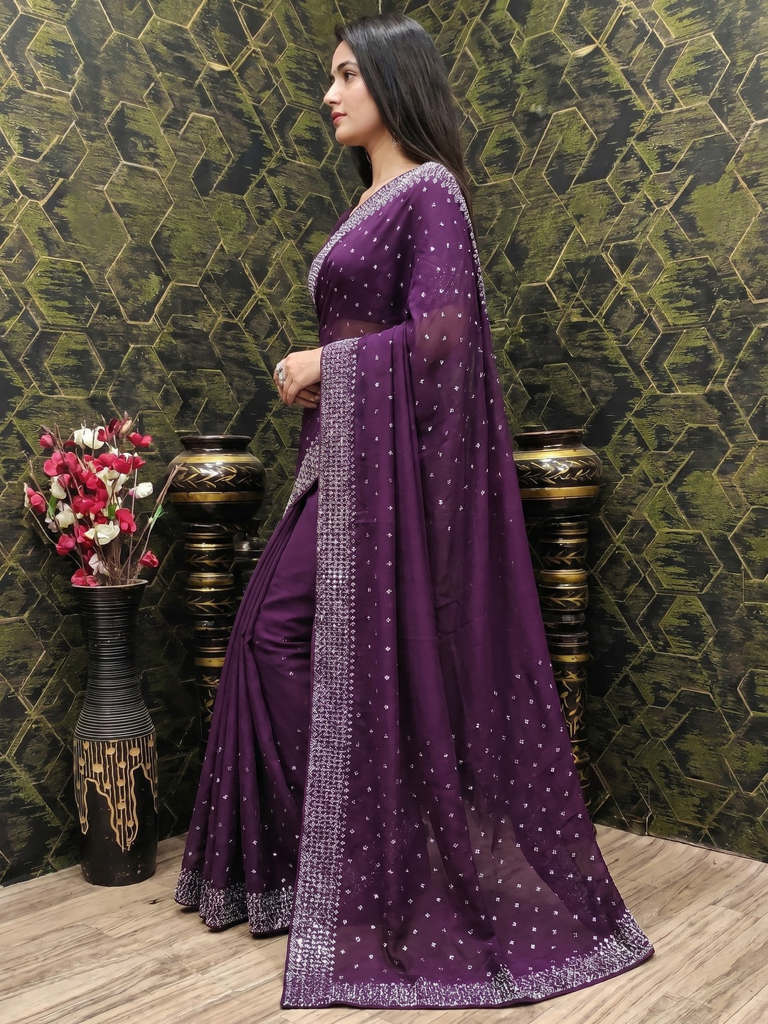 Purple Floral Swarovski Work Georgette Saree - Image 2