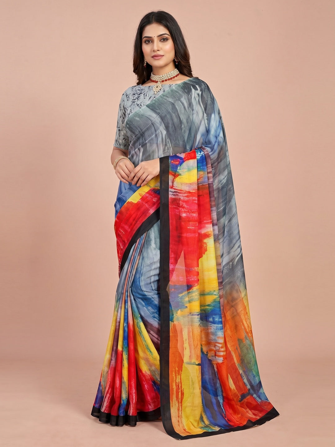 Multicolor Digital Printed Chinon Saree - Image 1