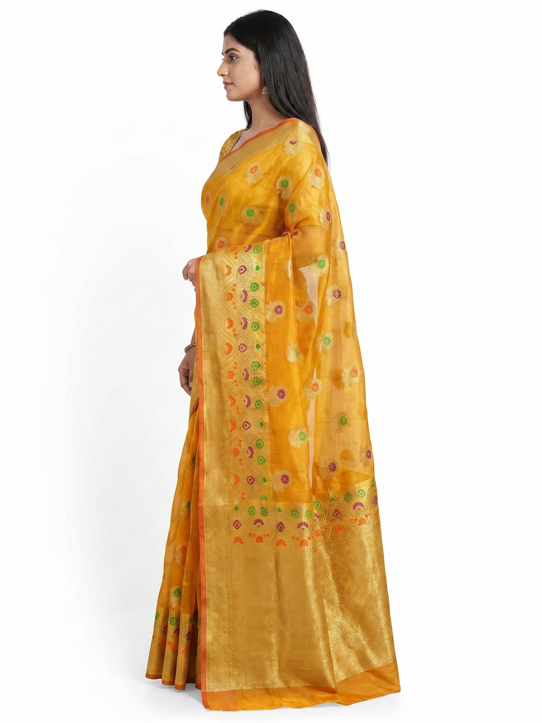Mustard Floral Woven Organza Saree - Image 2