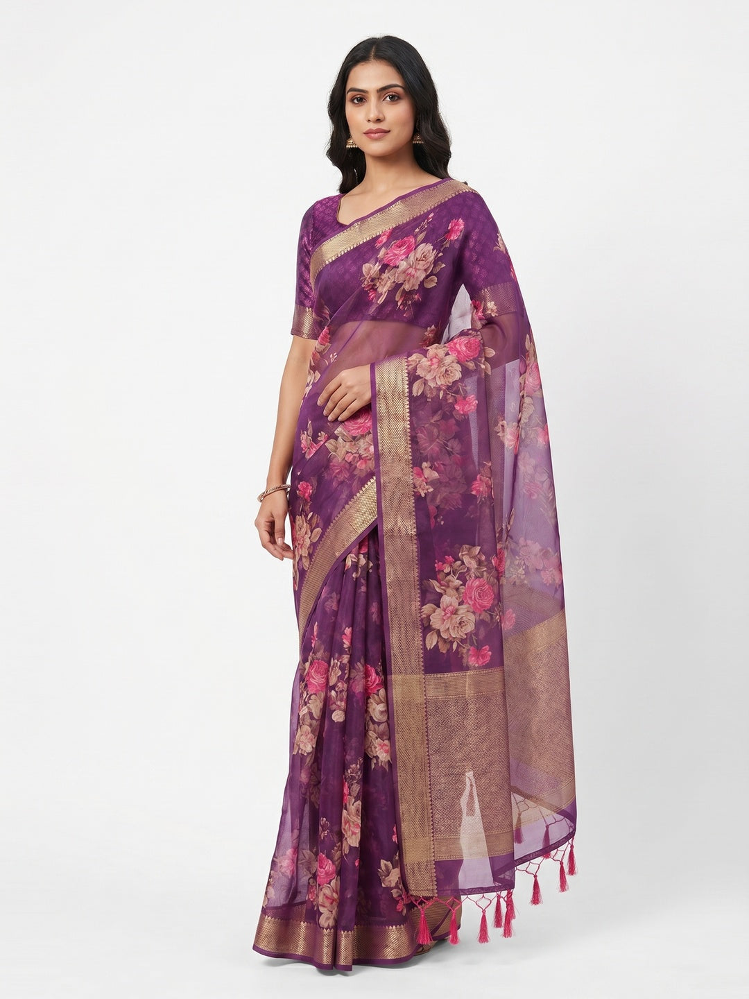 Purple Woven With Floral Digital Printed Fancy Fabric Saree - Image 1