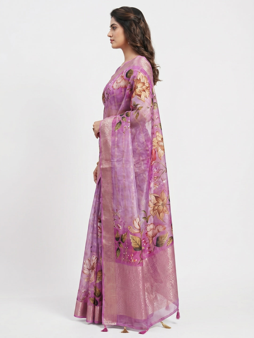 Purple Woven With Floral Digital Printed Fancy Fabric Saree - Image 2