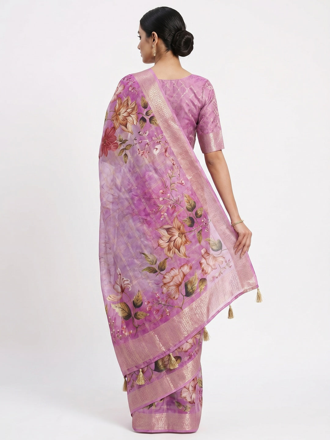 Purple Woven With Floral Digital Printed Fancy Fabric Saree - Image 3