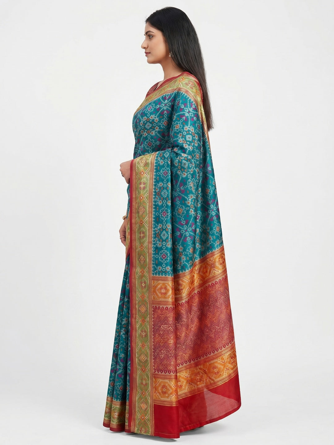 Teal Woven Cotton Silk Patola Saree - Image 3
