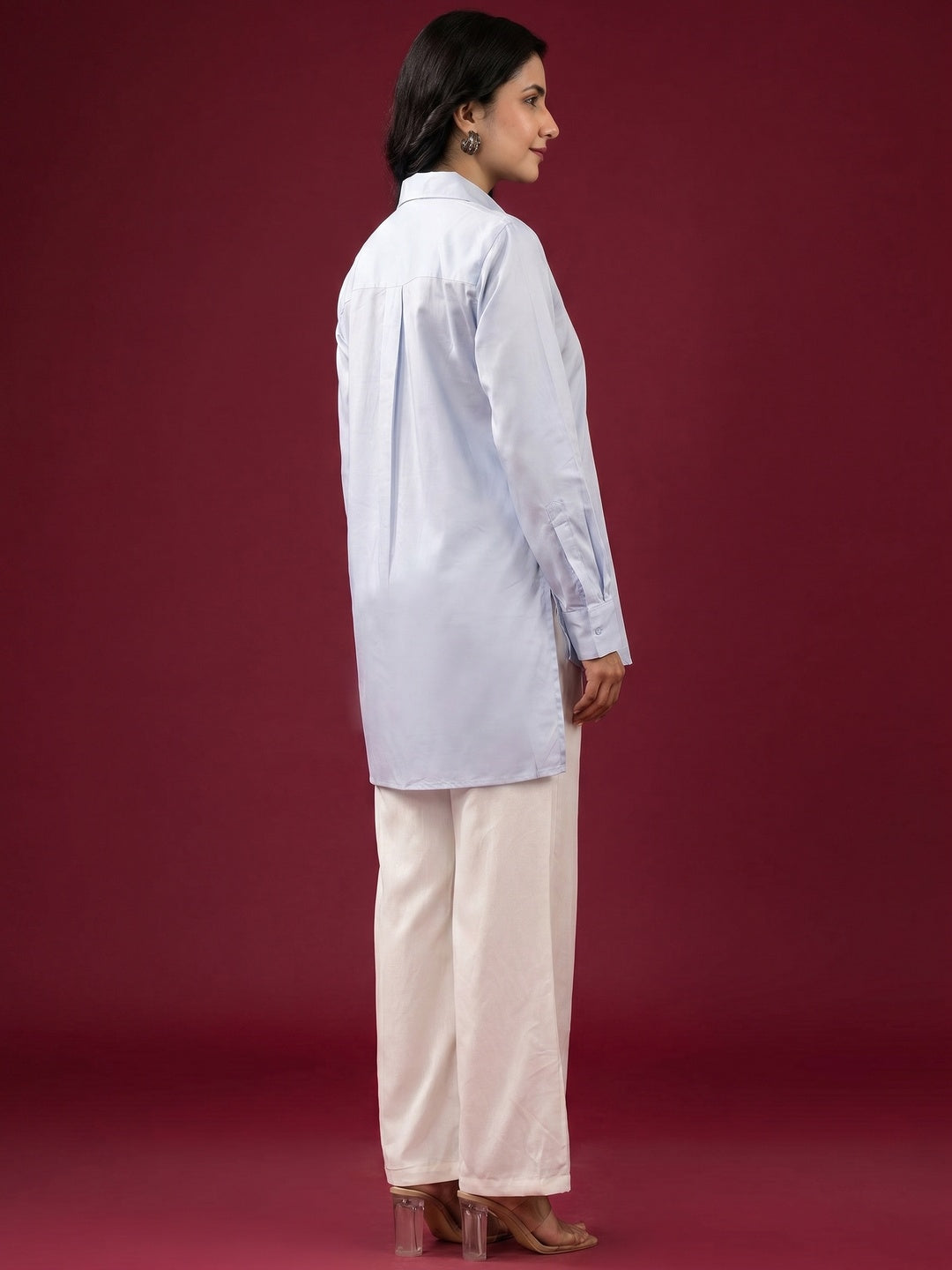 Light Blue Solid Satin High-Low Shirt - Image 1