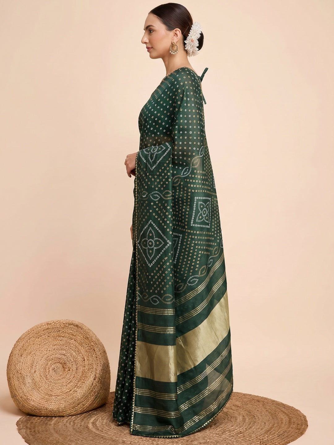 Green Bandhani Printed Cotton Silk Saree - Image 3