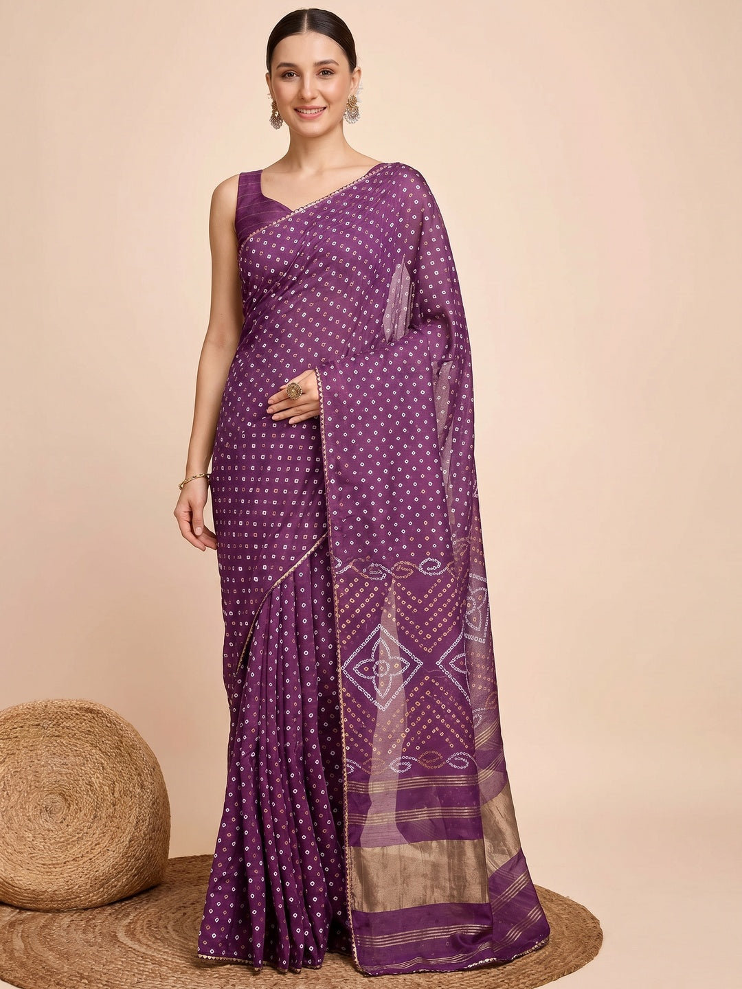Purple Bandhani Printed Cotton Silk Saree - Image 1
