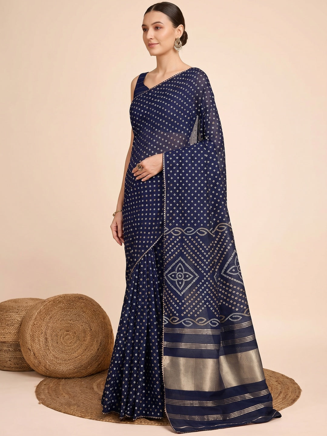 Blue Bandhani Printed Cotton Silk Saree - Image 2