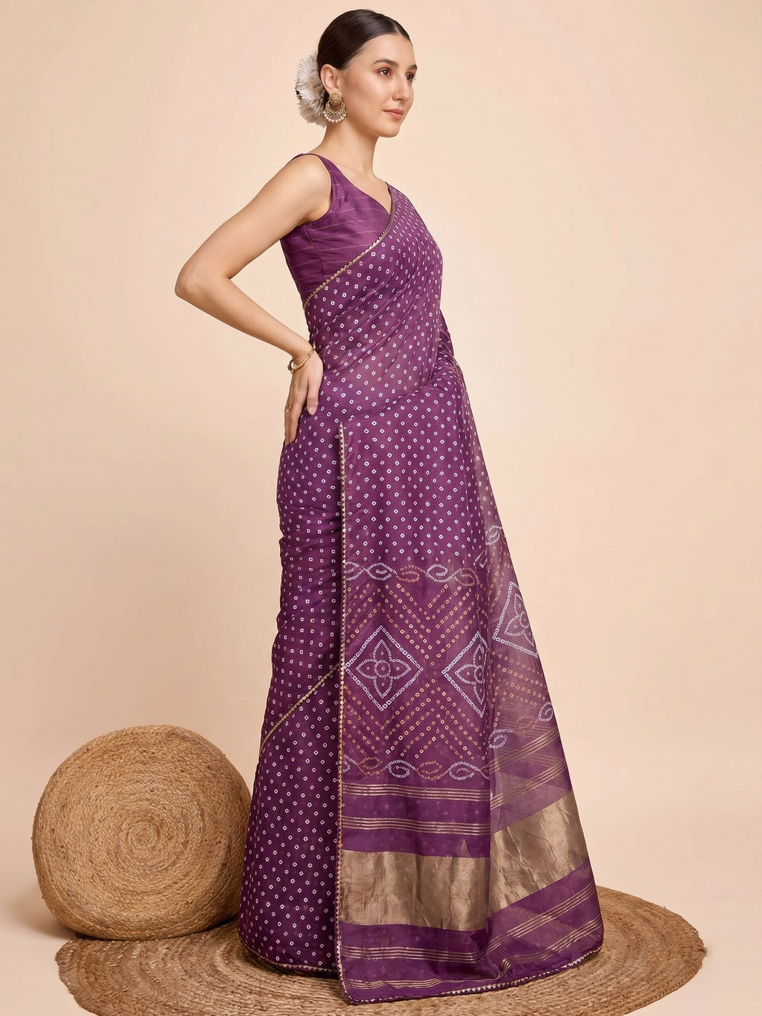 Purple Bandhani Printed Cotton Silk Saree - Image 3