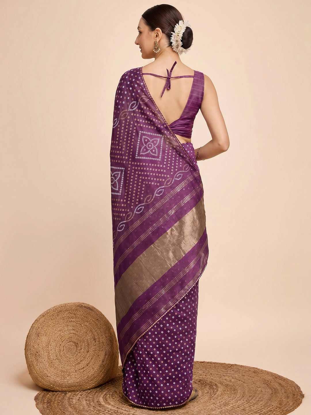 Purple Bandhani Printed Cotton Silk Saree - Image 2