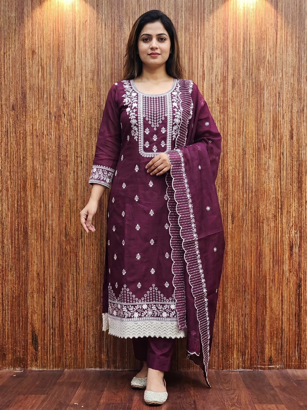 Purple Floral Embroidered Chanderi Dress Material - Image 1