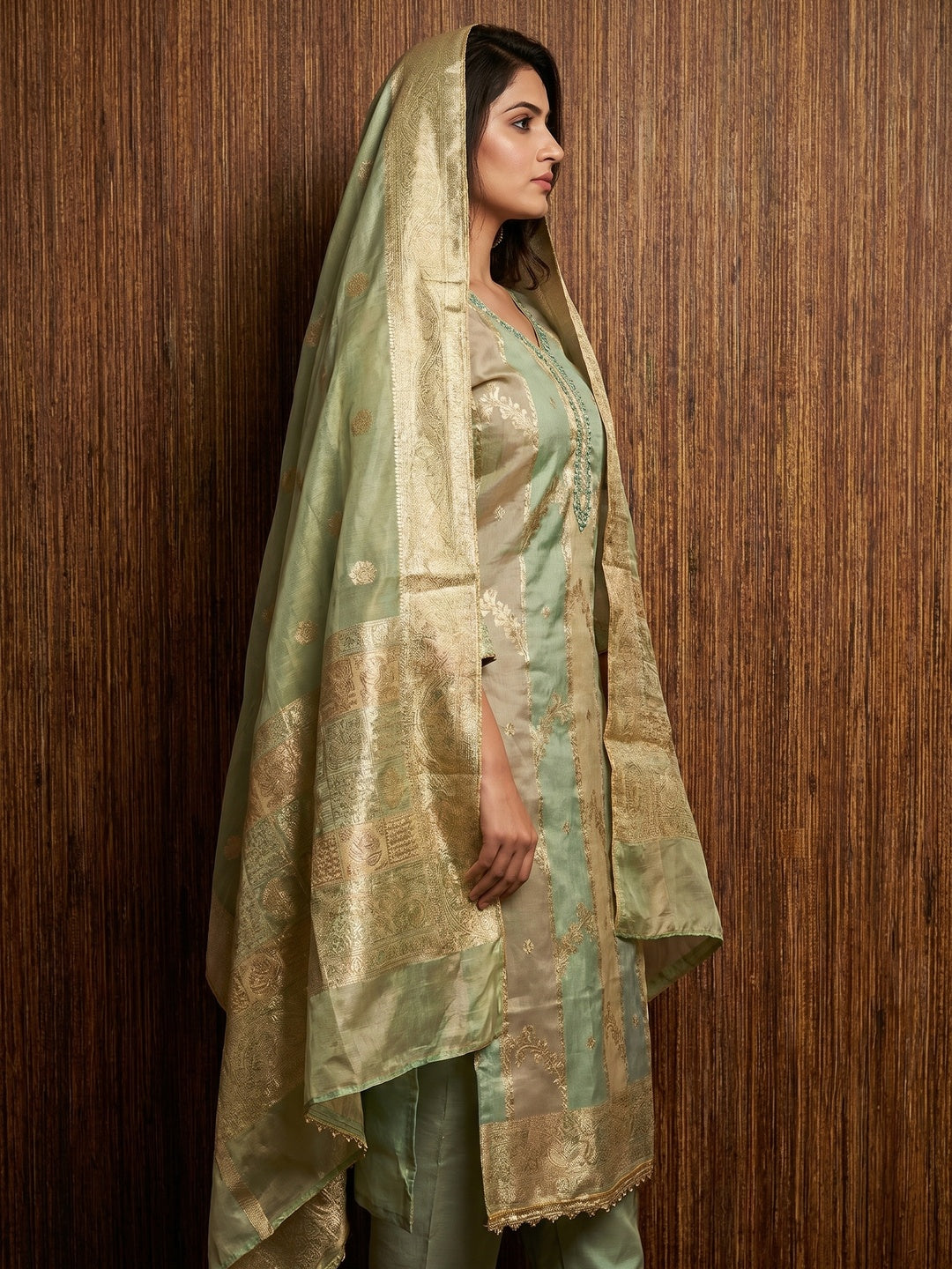 Green Floral Woven With Hand Embroidered Jacquard Dress Material - Image 2
