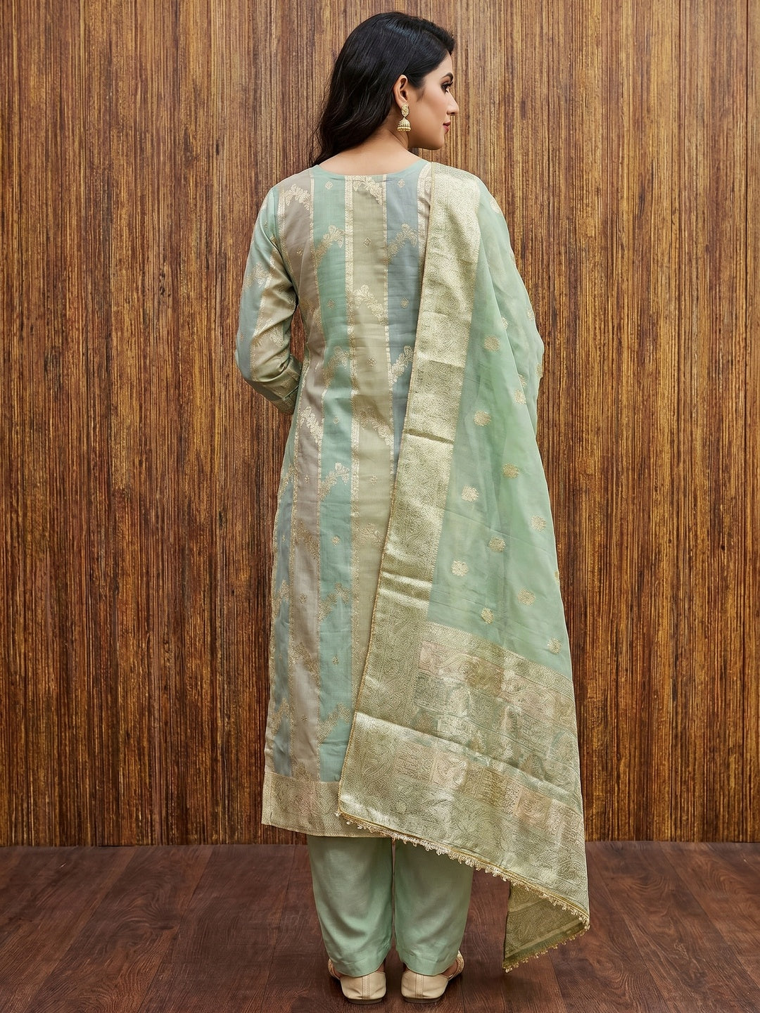 Green Floral Woven With Hand Embroidered Jacquard Dress Material - Image 3