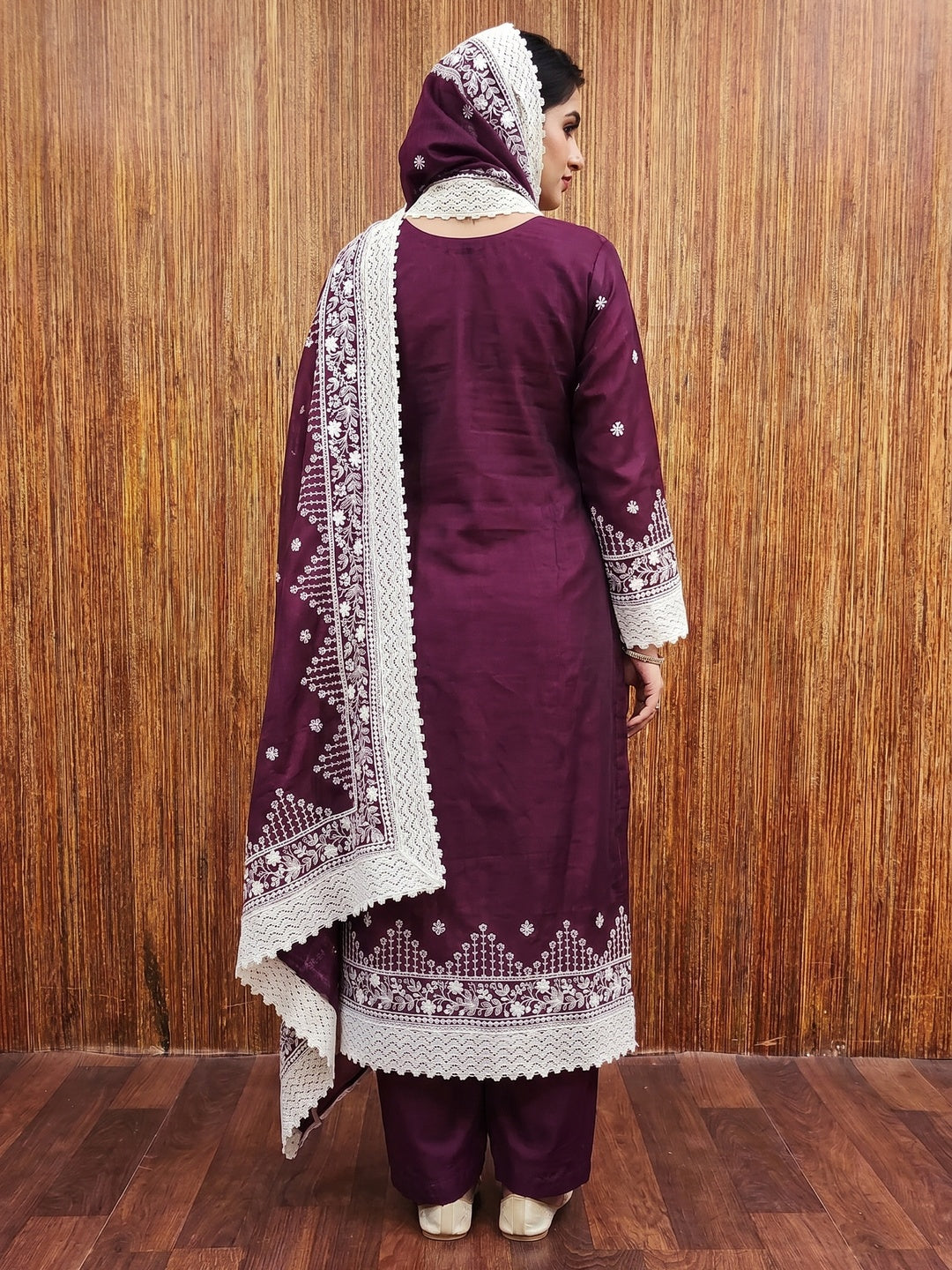 Purple Floral Embroidered Chanderi Dress Material - Image 3