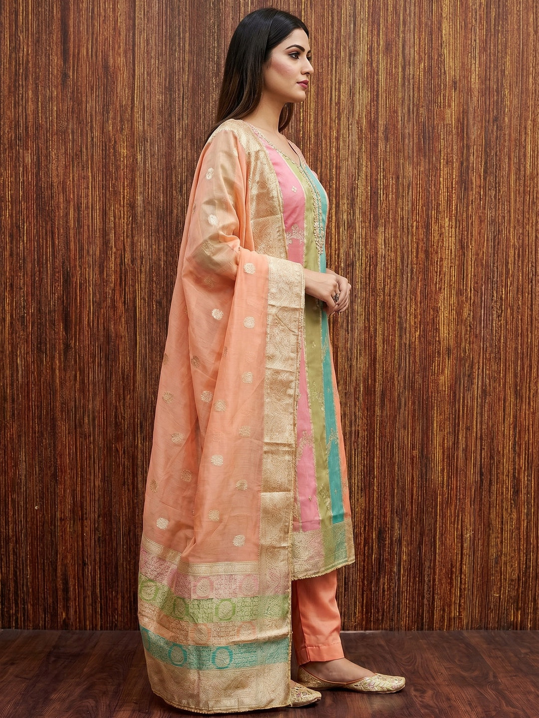 Peach Floral Woven With Hand Embroidered Jacquard Dress Material - Image 3