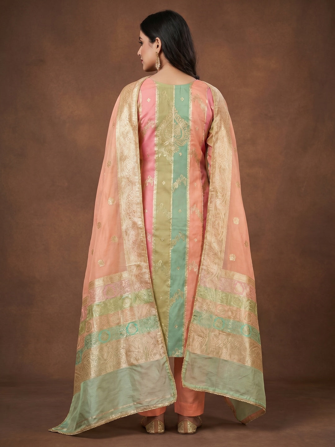 Peach Floral Woven With Hand Embroidered Jacquard Dress Material - Image 2