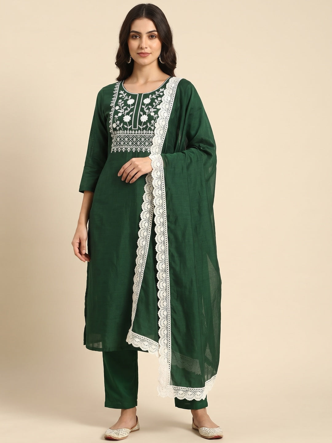 Green Floral Embroidered Chanderi Dress Material - Image 1