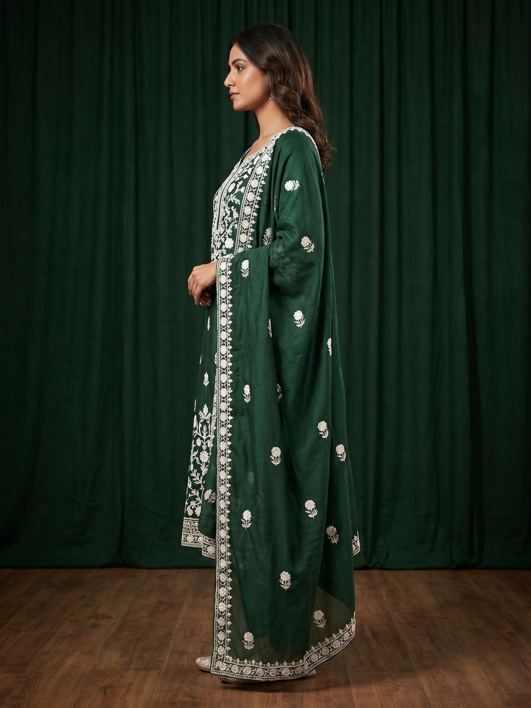 Green Floral Embroidered Chanderi Dress Material - Image 2