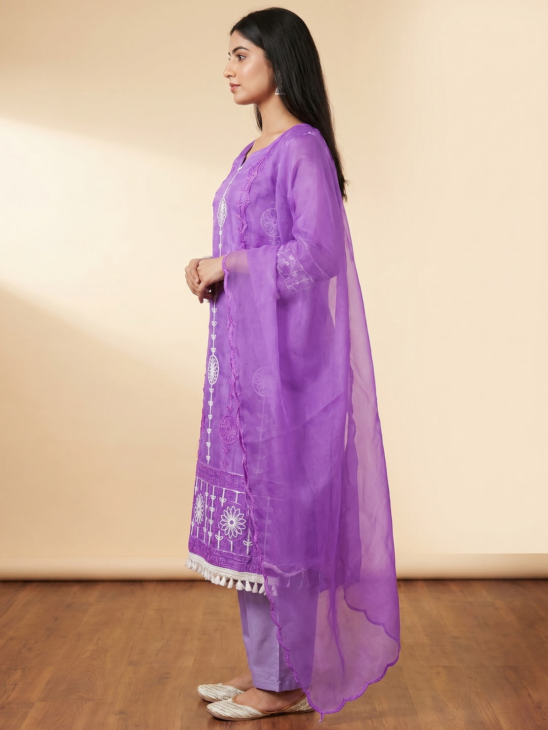 Purple Floral Embroidered Organza Dress Material - Image 3