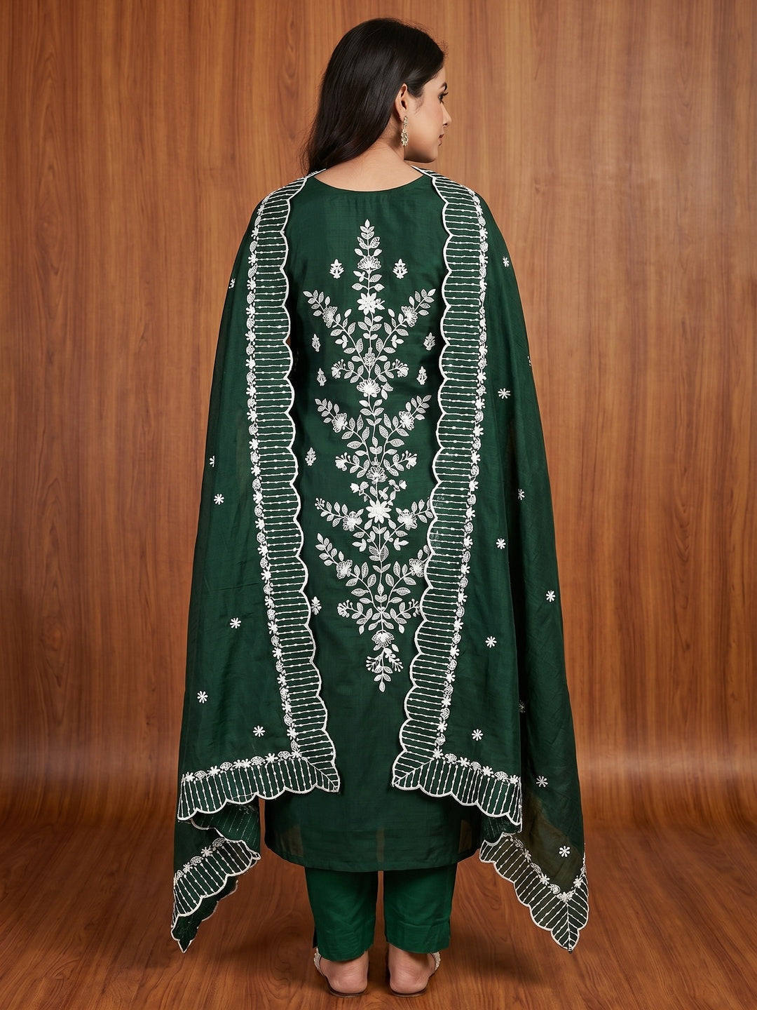 Green Floral Embroidered Chanderi Dress Material - Image 3