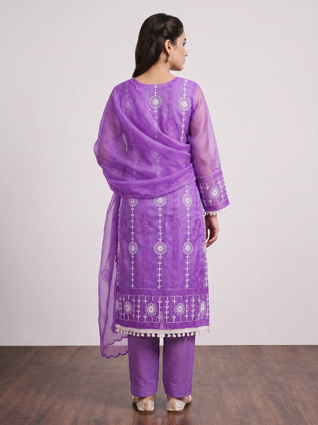 Purple Floral Embroidered Organza Dress Material - Image 2