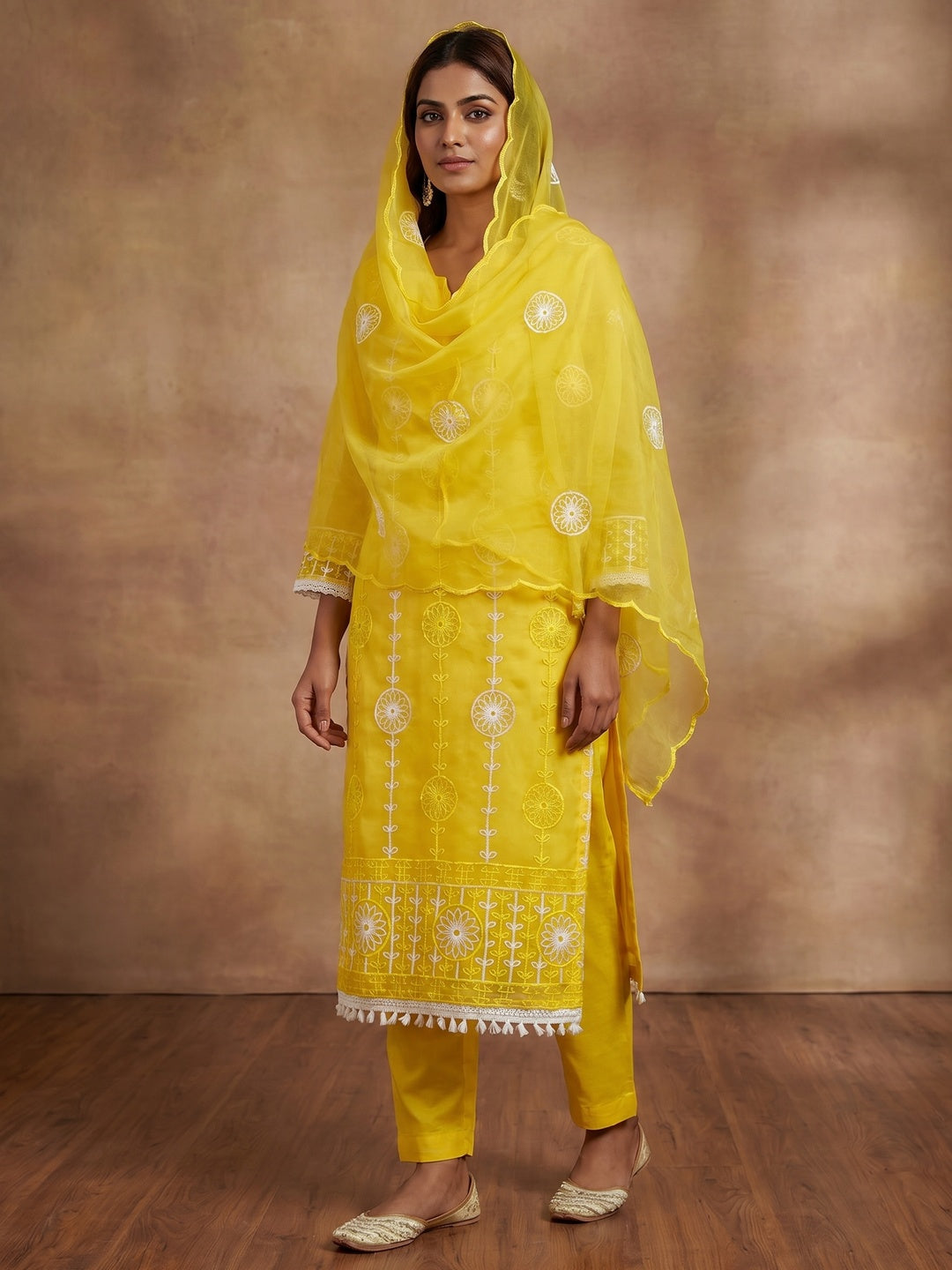 Yellow Floral Embroidered Organza Dress Material - Image 1