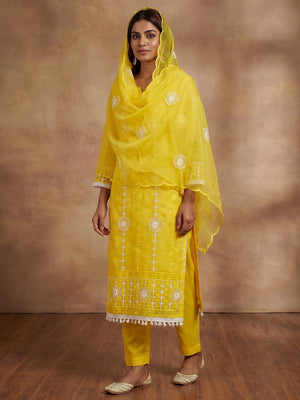 Yellow Floral Embroidered Organza Dress Material - Image 1