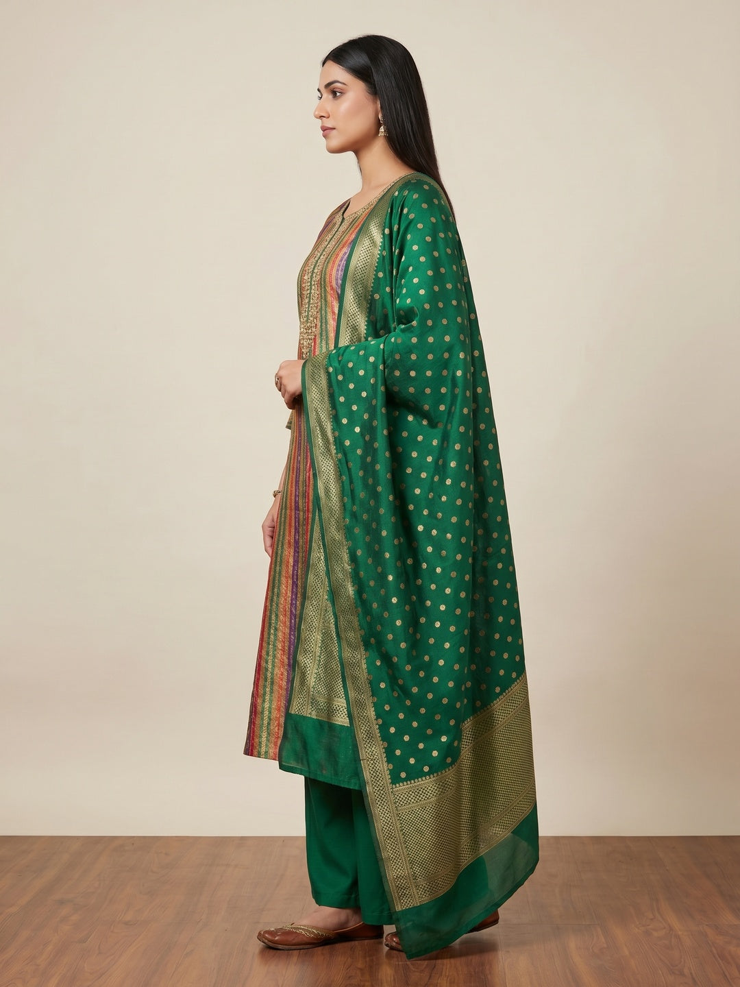Green Floral Woven With Hand Embroidered Jacquard Dress Material - Image 2