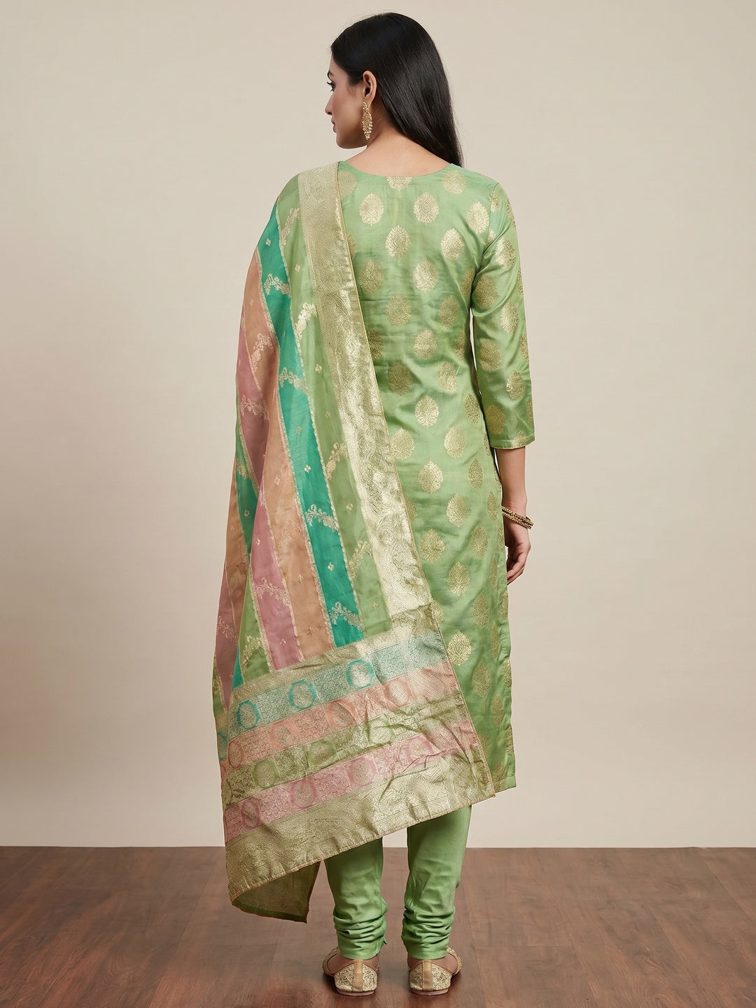 Green Floral Woven With Hand Embroidered Jacquard Dress Material - Image 3