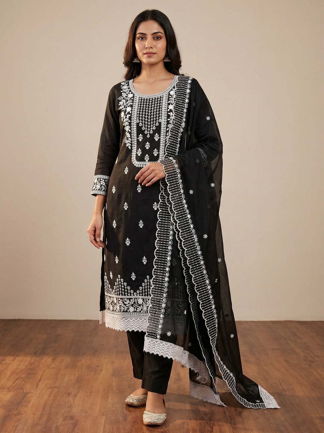 Black Floral Embroidered Chanderi Dress Material - Image 1