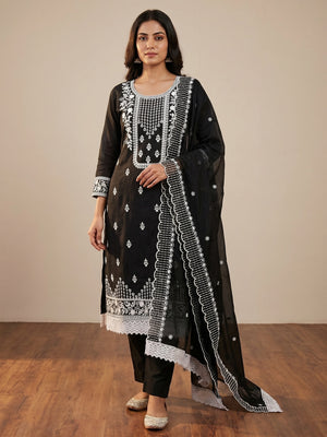Black Floral Embroidered Chanderi Dress Material - Image 1