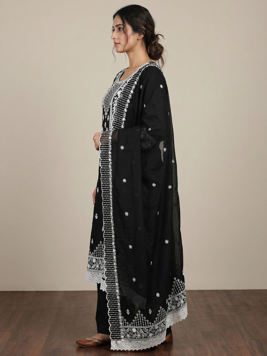 Black Floral Embroidered Chanderi Dress Material - Image 2