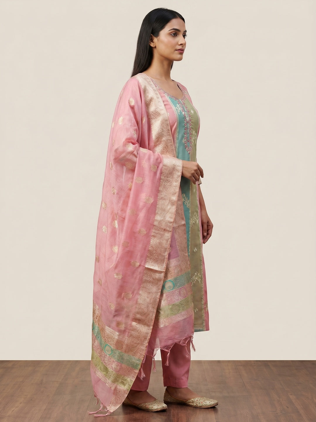 Pink Floral Woven With Hand Embroidered Jacquard Dress Material - Image 2