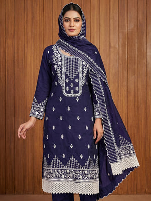 Navy Blue Floral Embroidered Cotton Dress Material - Image 1