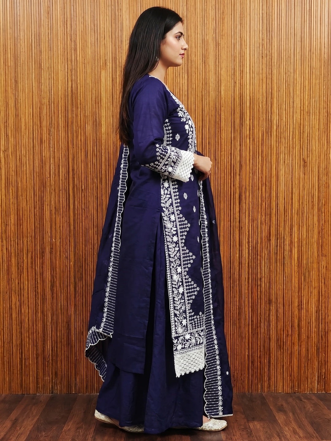Navy Blue Floral Embroidered Cotton Dress Material - Image 2