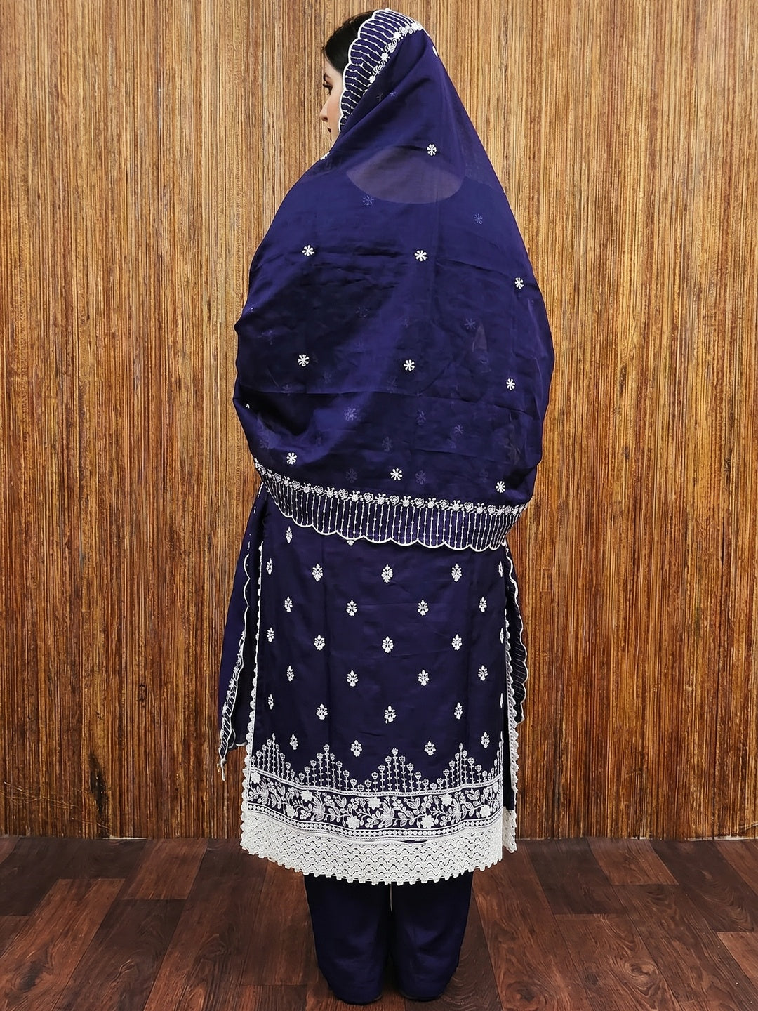Navy Blue Floral Embroidered Cotton Dress Material - Image 3