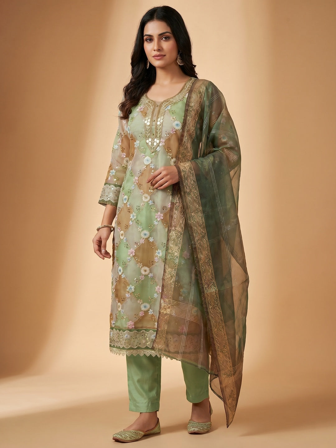 Green Floral Sequins Embroidered Organza Dress Material - Image 1