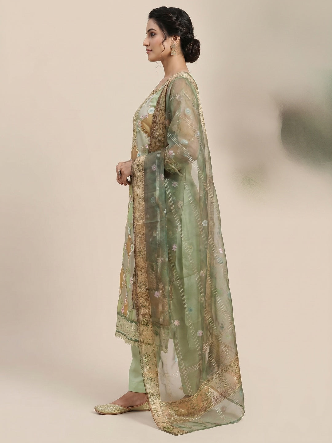 Green Floral Sequins Embroidered Organza Dress Material - Image 3