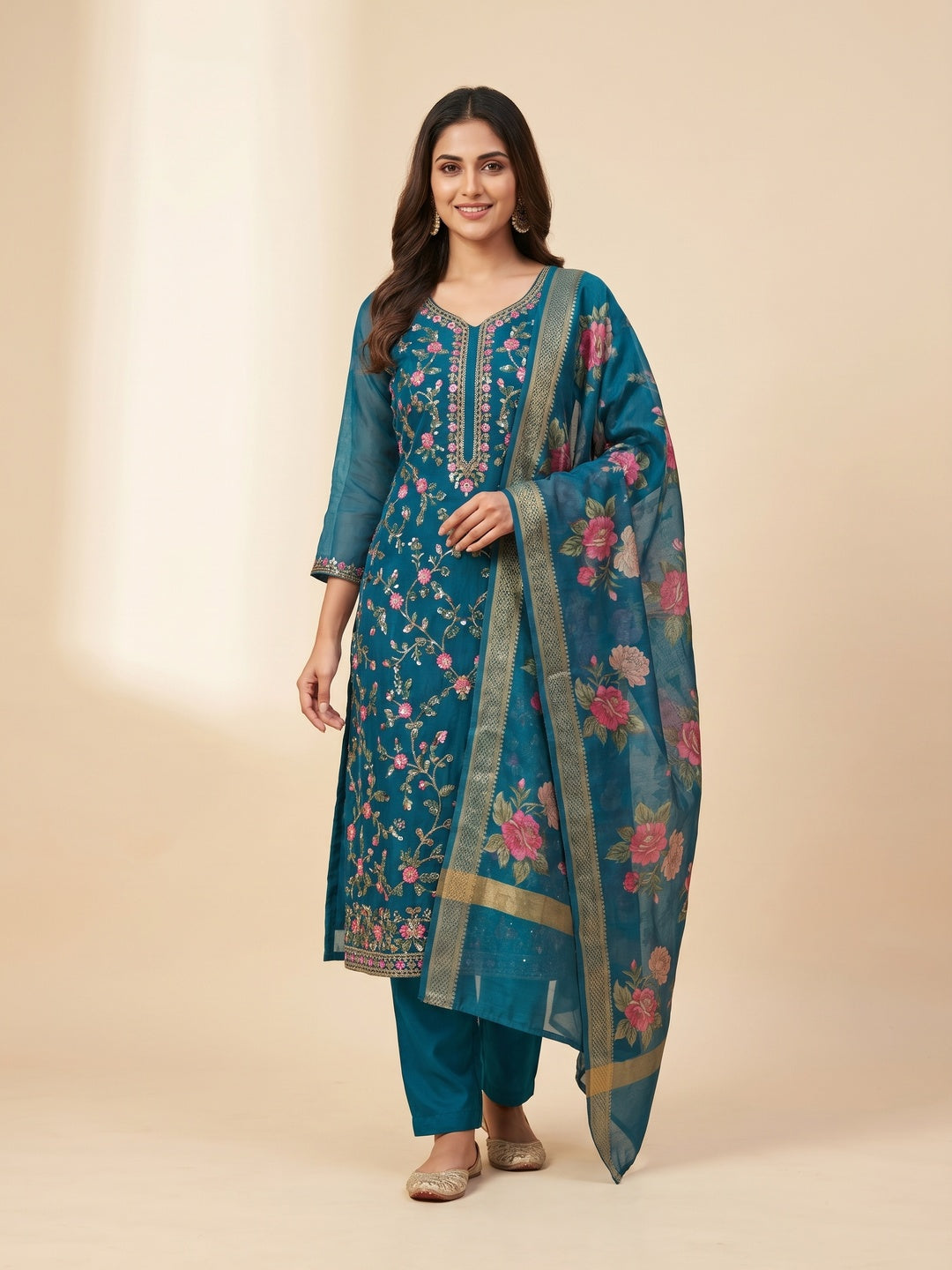Blue Floral Sequins Embroidered Organza Dress Material - Image 1