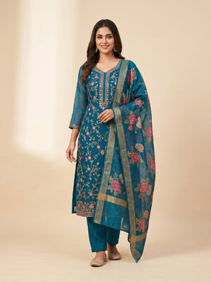 Blue Floral Sequins Embroidered Organza Dress Material - Image 1