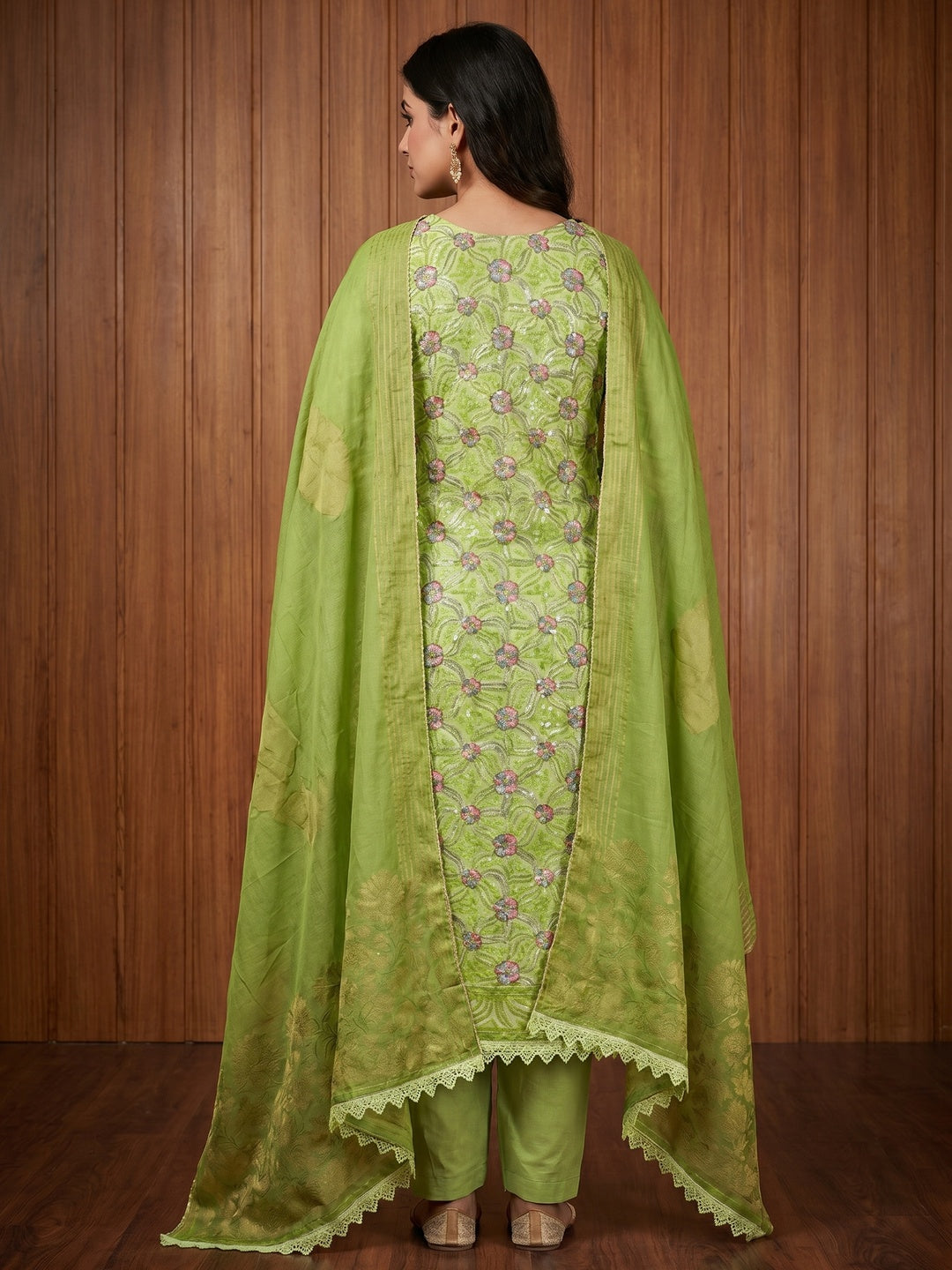 Green Floral Sequins Embroidered Organza Dress Material - Image 2