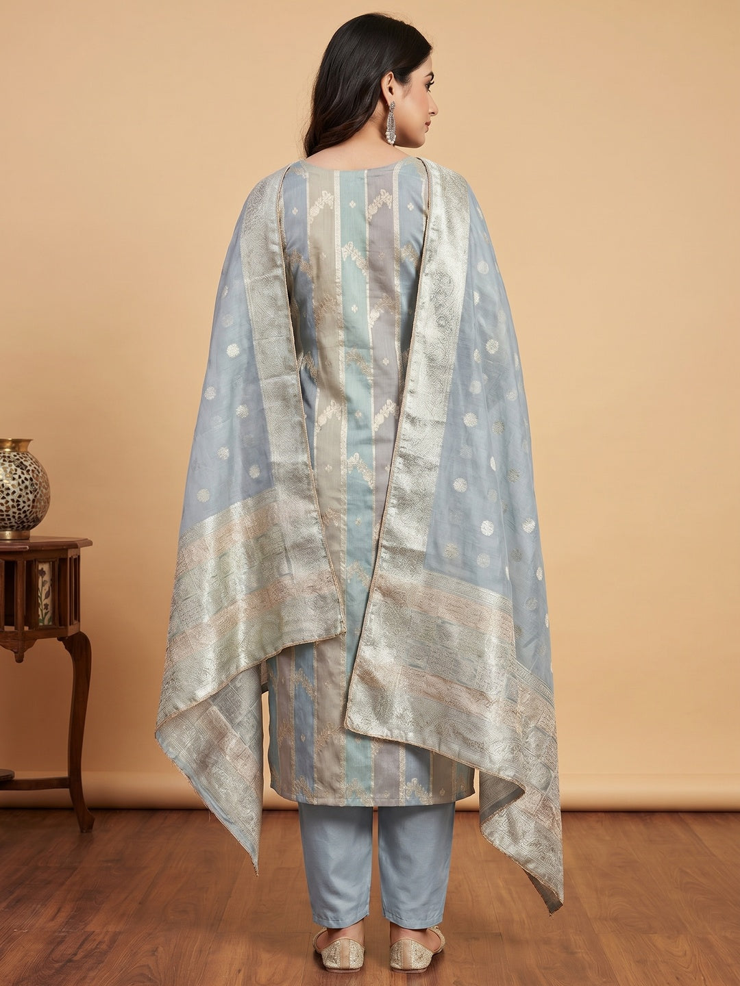 Grey Floral Woven With Hand Embroidered Jacquard Dress Material - Image 3