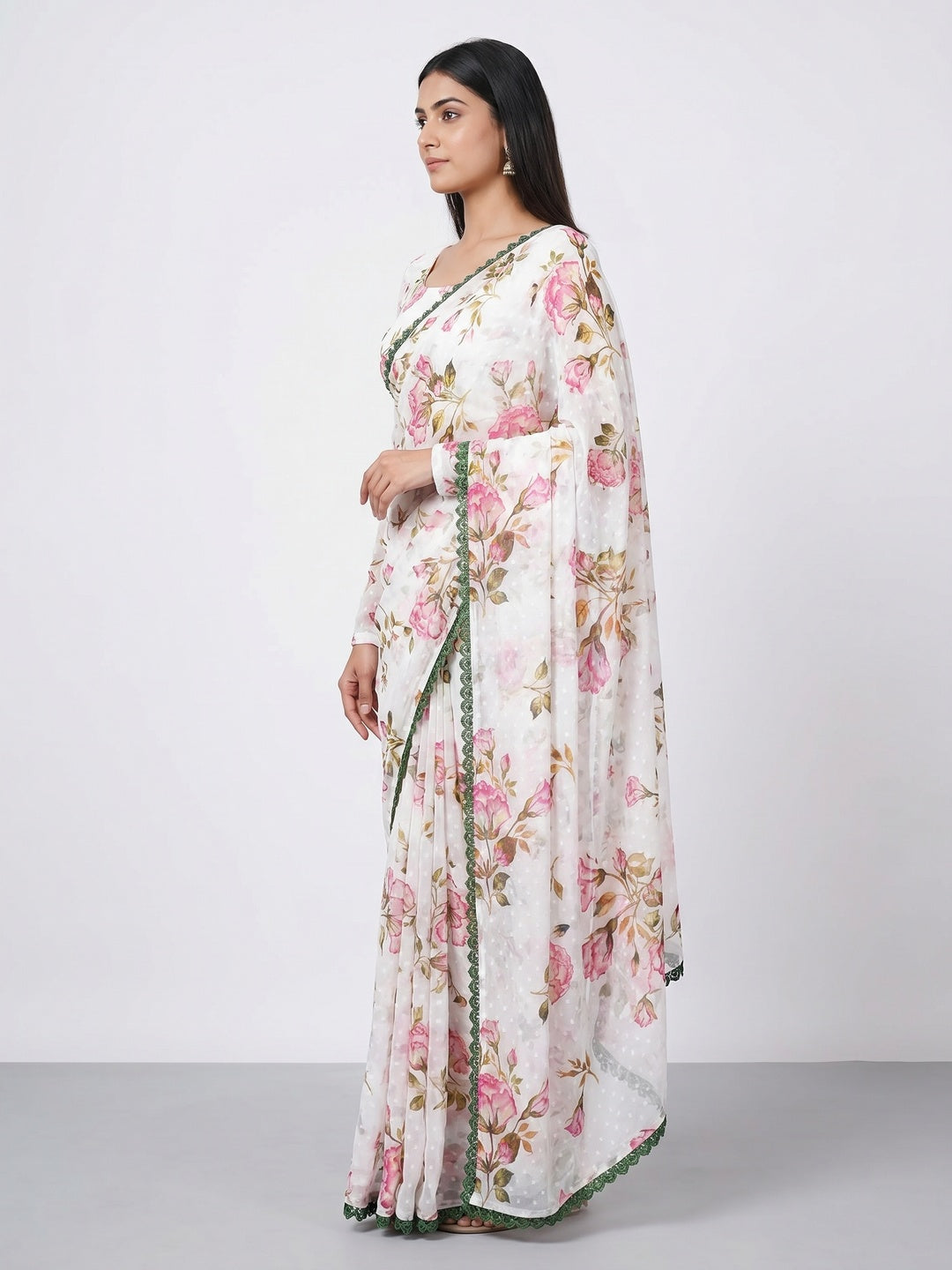 White Floral Printed Georgette Saree - Image 1