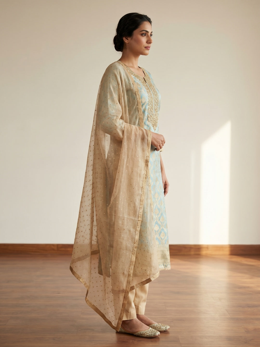 Beige Floral Woven With Hand Embroidered Jacquard Dress Material - Image 2