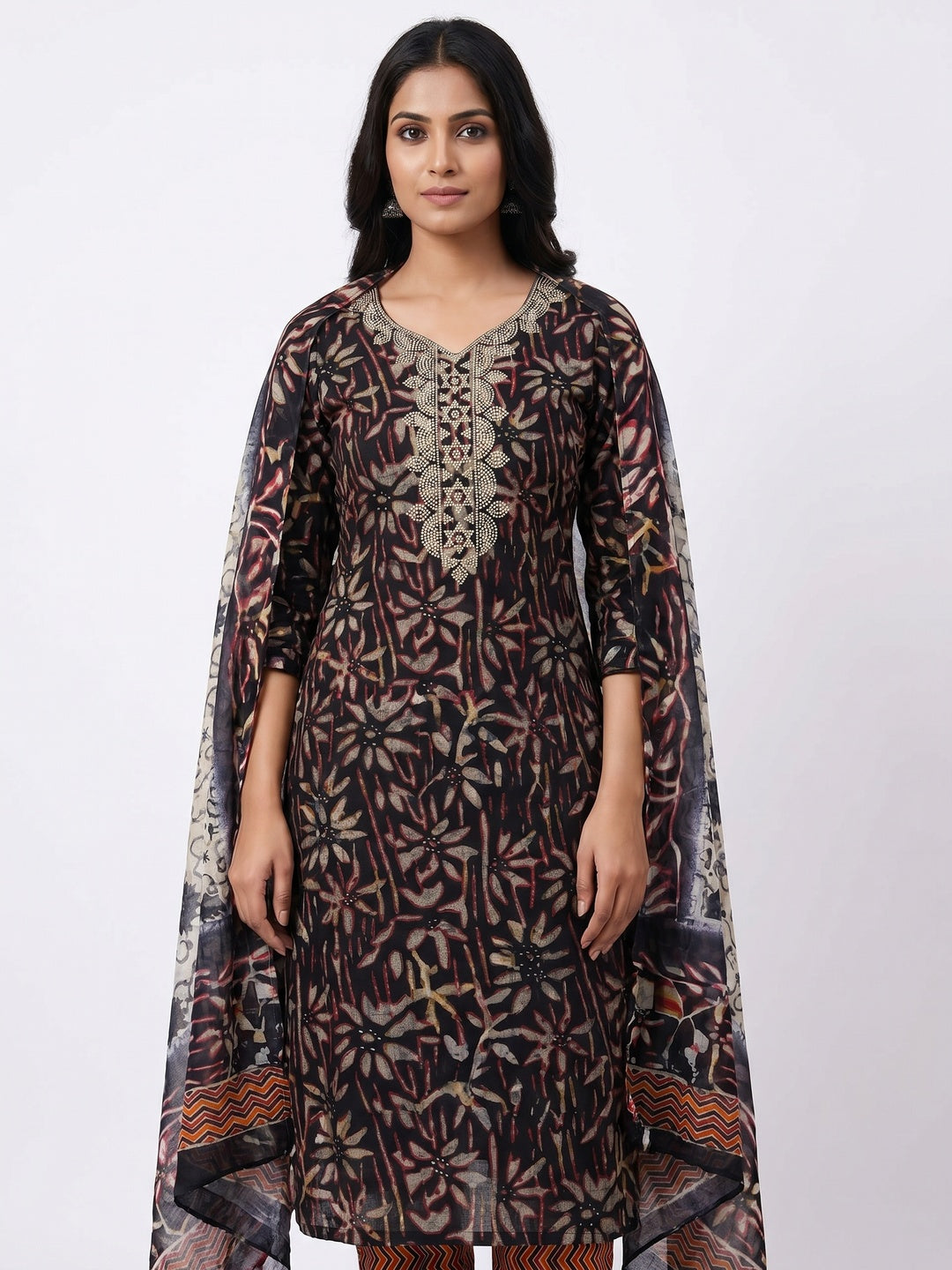 Black Floral Printed Pure Cotton Dress Material - Image 1
