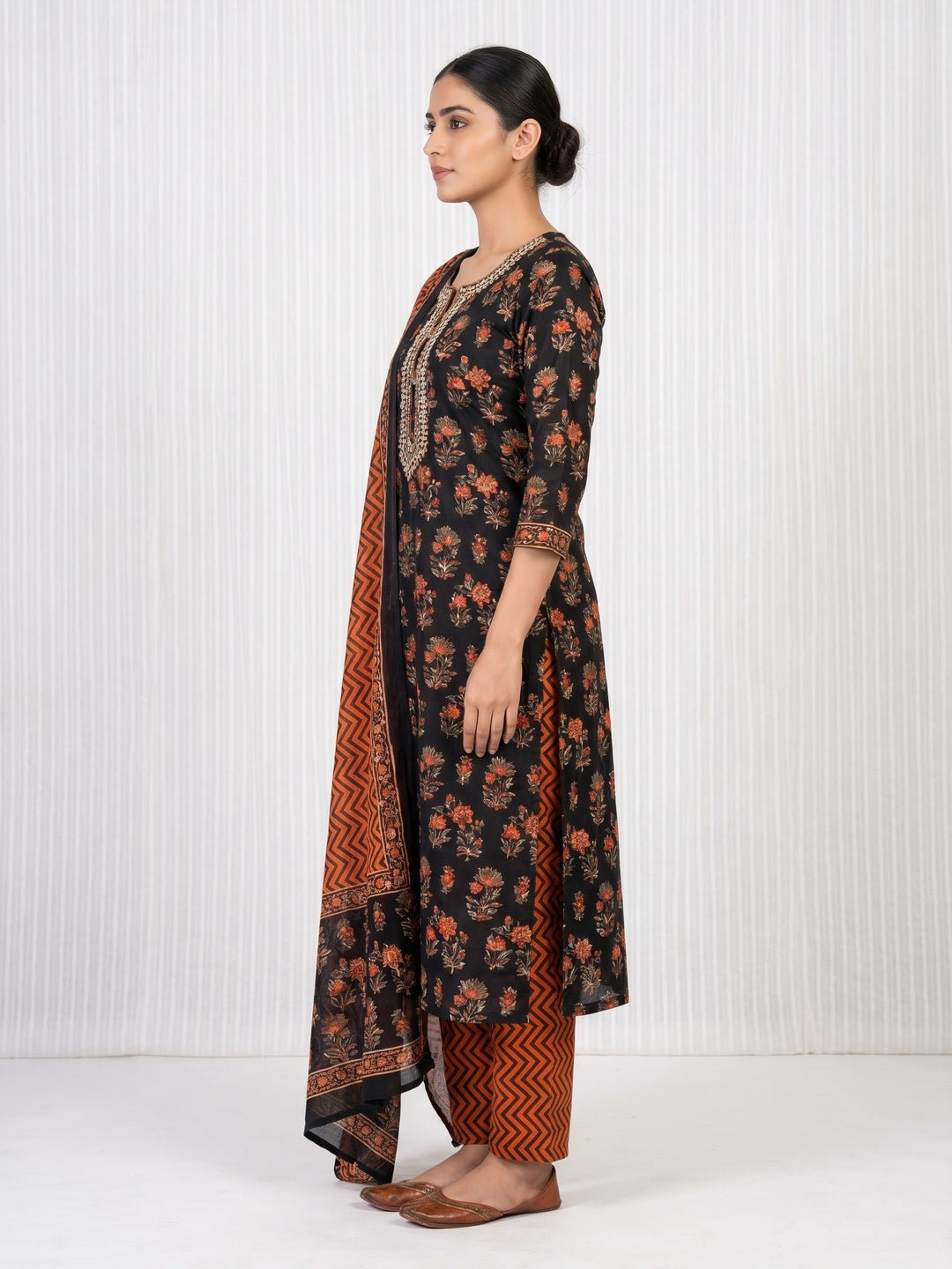 Black Floral Printed Pure Cotton Dress Material - Image 2