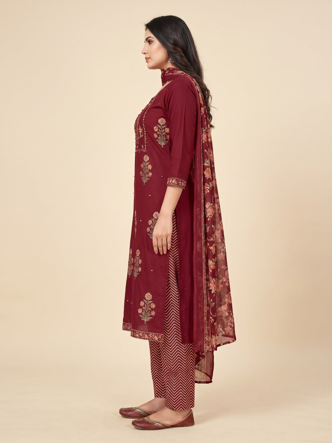Maroon Floral Printed Pure Cotton Dress Material - Image 2