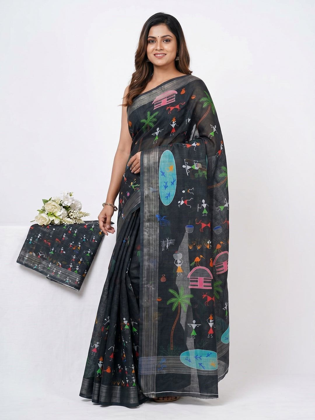 Black Digital Printed Linen Saree - Image 1