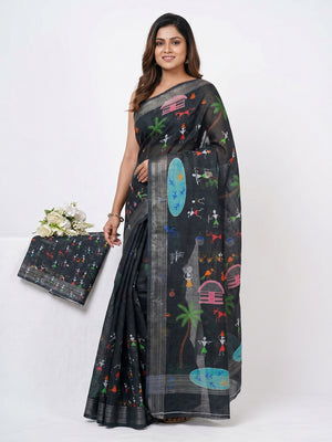 Black Digital Printed Linen Saree - Image 1